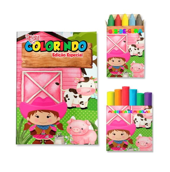 Kit Colorir com Giz e Massinha Fazendinha Menina | Lembrancinha F