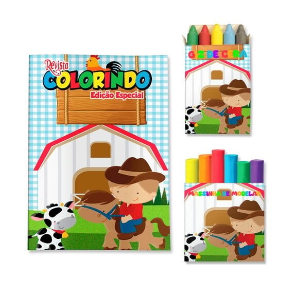 Kit Colorir com Giz e Massinha Fazendinha Menino | Lembrancinha F