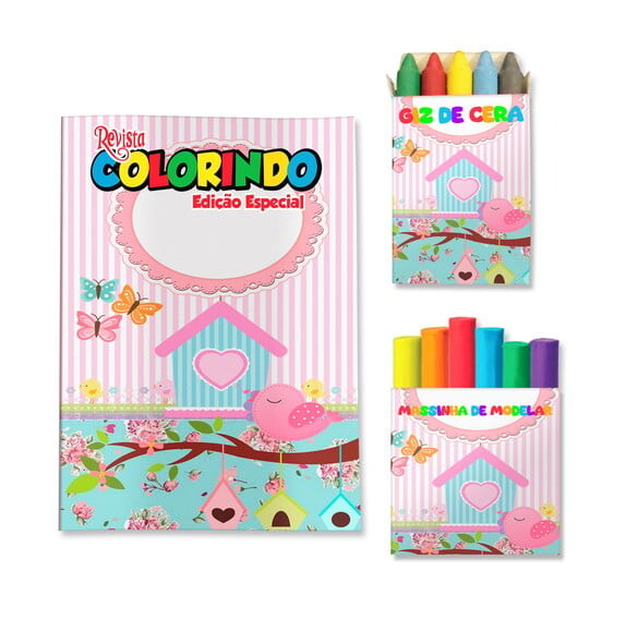 Kit Colorir com Giz e Massinha Jardim de Pássaros Rosa e Azul | 