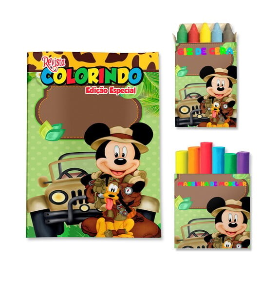 Kit Colorir com Giz e Massinha Mickey Safari | Lembrancinha Festa