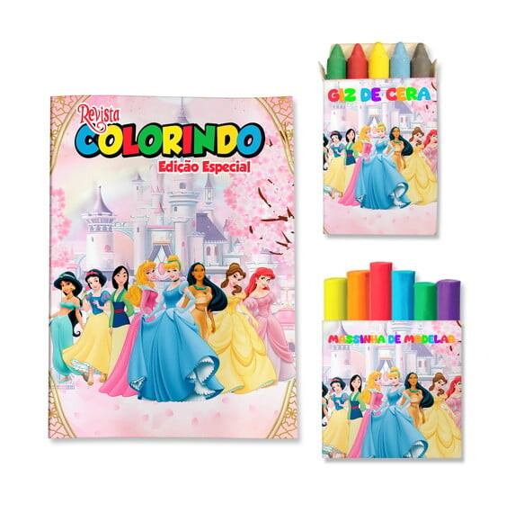 Kit Colorir com Giz e Massinha Princesas Disney | Lembrancinha Fe
