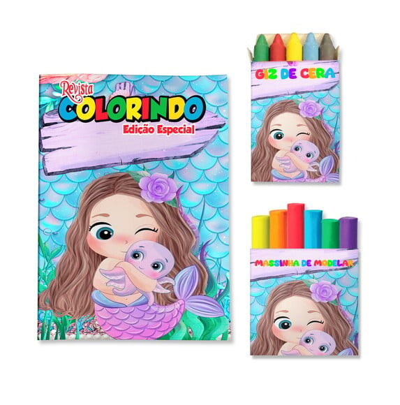 Kit Colorir com Giz e Massinha Sereia | Lembrancinha Festa Infant
