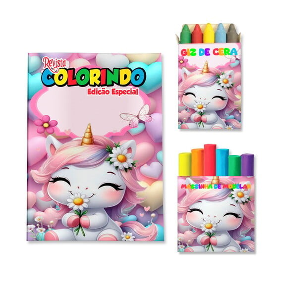Kit Colorir com Giz e Massinha Unicórnio | Lembrancinha Festa In