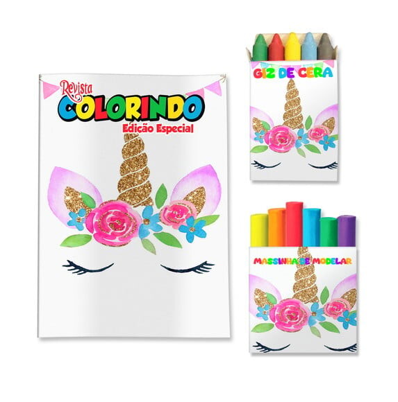 Kit Colorir com Giz e Massinha Unicórnio | Lembrancinha Festa In