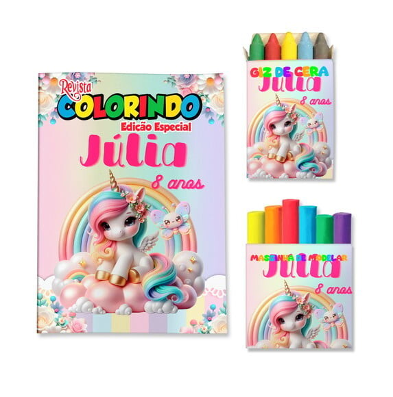 Kit Colorir com Giz e Massinha Unicórnio | Lembrancinha Festa In