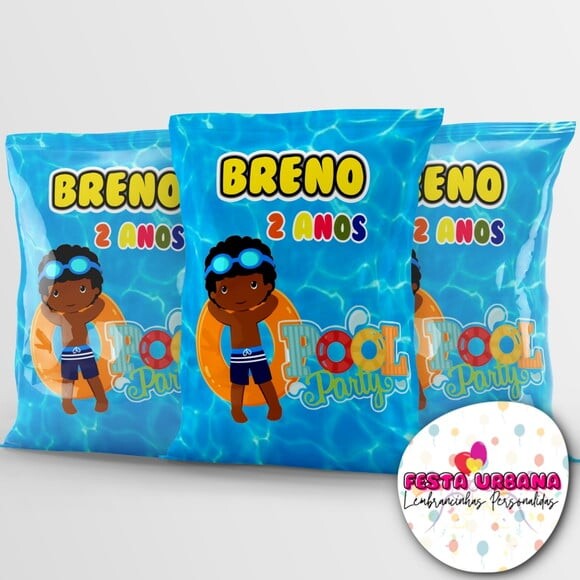 Saquinho para Salgadinho Personalizado Pool Party Menino Negro Pe