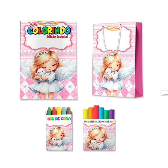 Kit Colorir com Massinha e Sacola Batizado Rosa Menina Anjo | Lem