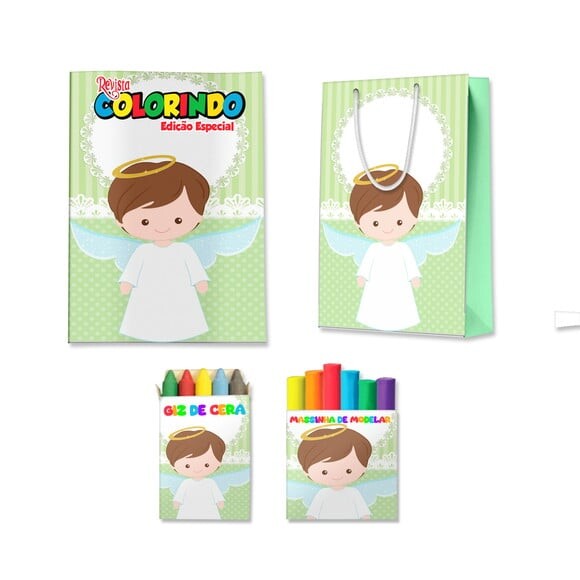 Kit Colorir com Massinha e Sacola Batizado Verde Menino Anjo | Le