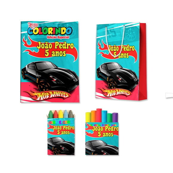 Kit Colorir com Massinha e Sacola Hot Wheels | Lembrancinha Festa