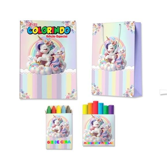 Kit Colorir com Massinha e Sacola Unicórnio | Lembrancinha Festa