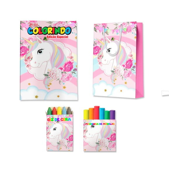 Kit Colorir com Massinha e Sacola Unicórnio | Lembrancinha Festa