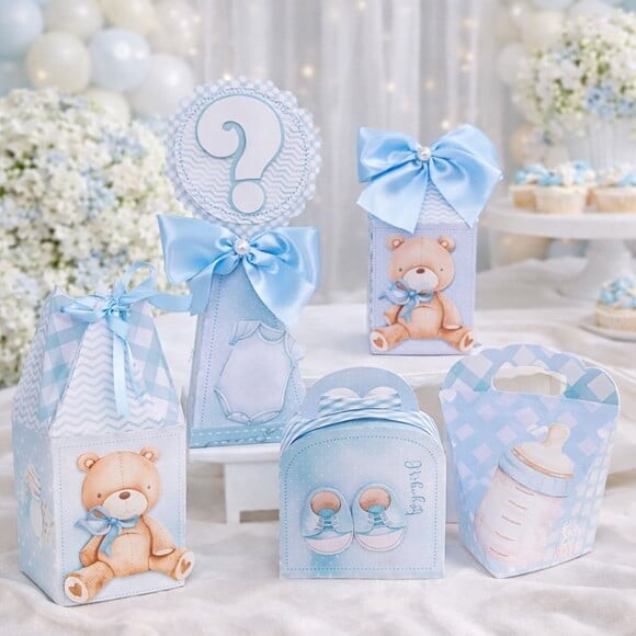 Kit Festa 20 Caixinhas Personalizadas Chá de Bebê Ursinho Azul 