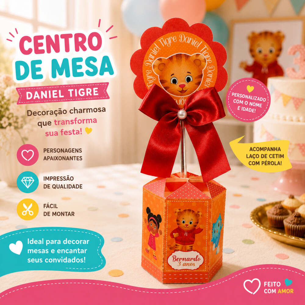 Centro de Mesa Daniel Tigre Personalizado com Nome e Idade | Fest