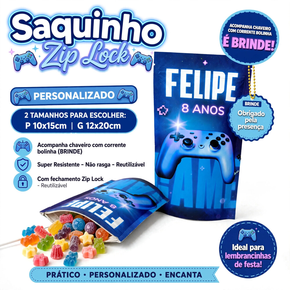 Saquinho Metalizado Personalizado Game Menino | Lembrancinha