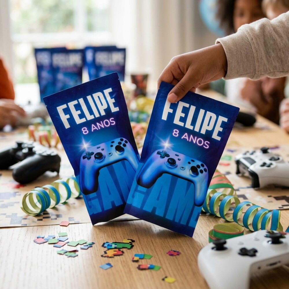Saquinho Metalizado Personalizado Game Menino | Lembrancinha