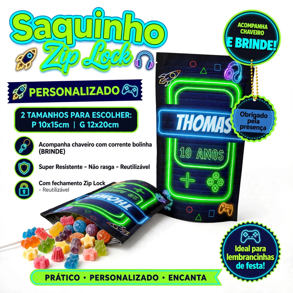 Saquinho Metalizado Personalizado  Game Colorido| Lembrancinha