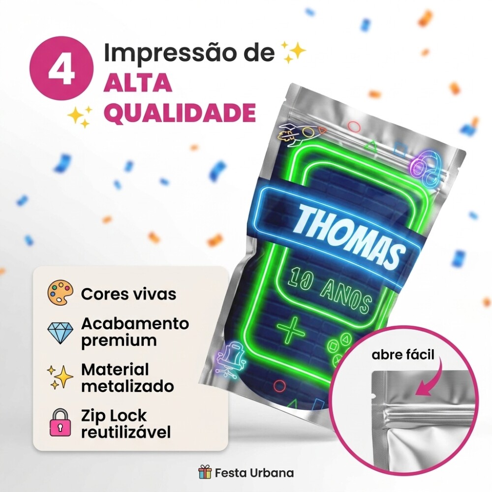 Saquinho Metalizado Personalizado  Game Colorido| Lembrancinha