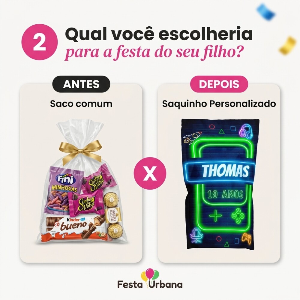 Saquinho Metalizado Personalizado  Game Colorido| Lembrancinha