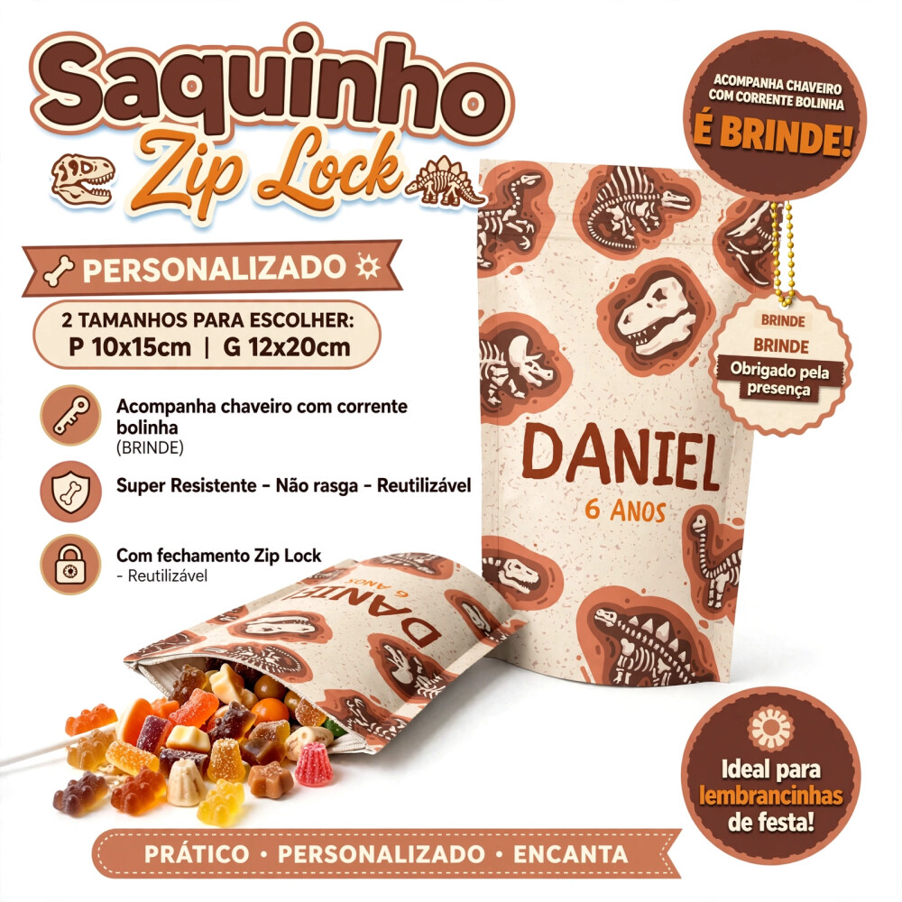 Saquinho Metalizado Personalizado Dinossauros| Lembrancinha Festa