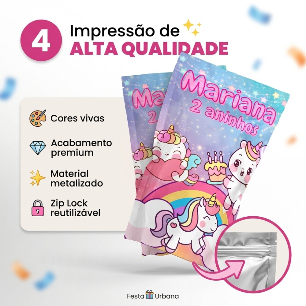 Saquinho Metalizado Personalizado Unicórnio kawaii| Lembrancinha