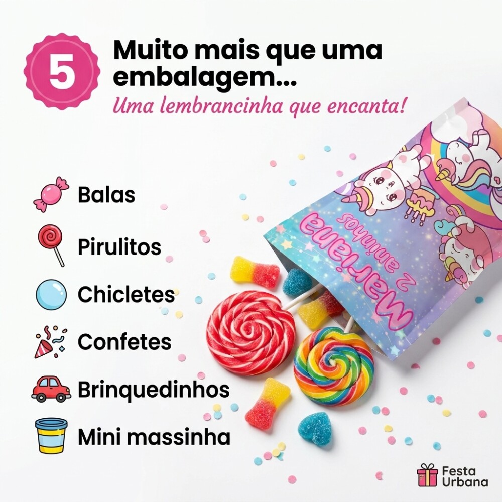 Saquinho Metalizado Personalizado Unicórnio kawaii| Lembrancinha