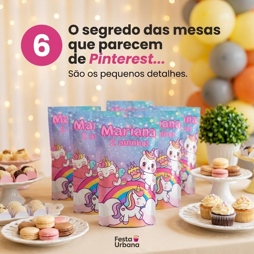 Saquinho Metalizado Personalizado Unicórnio kawaii| Lembrancinha