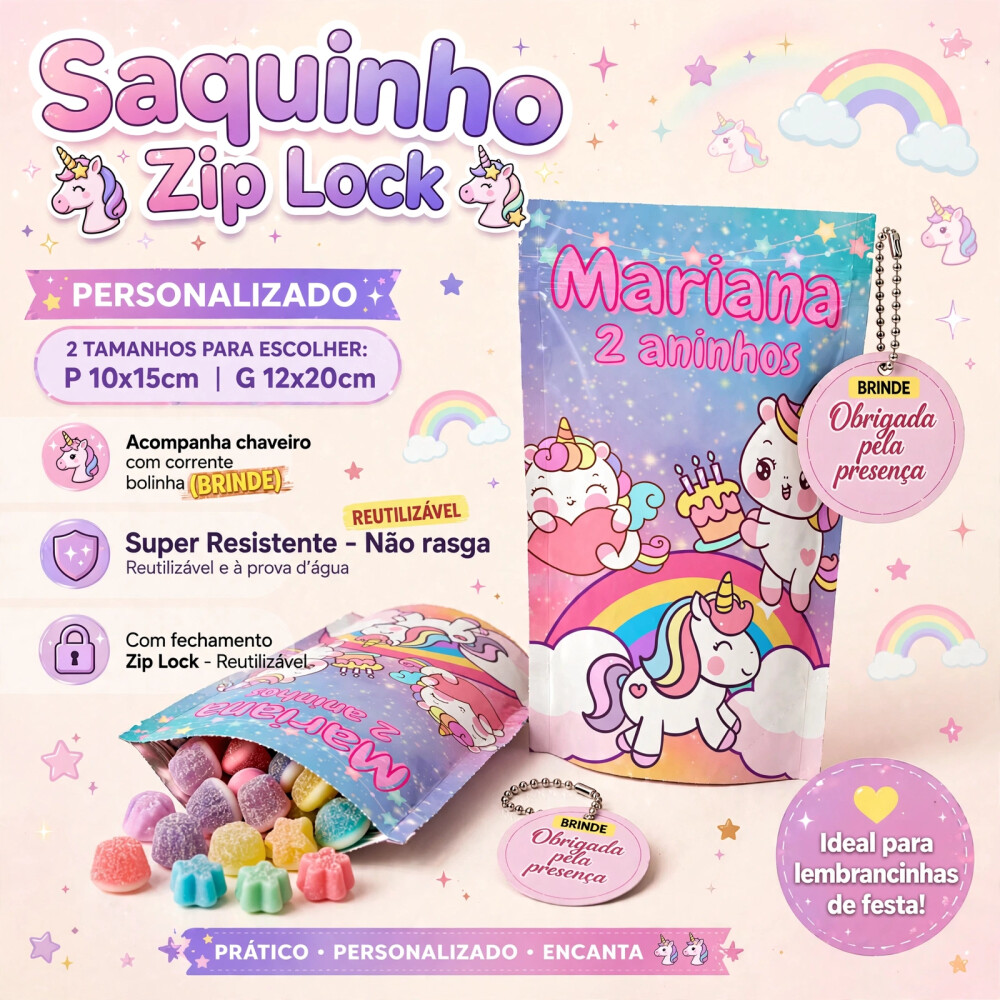 Saquinho Metalizado Personalizado Unicórnio Cartoon
