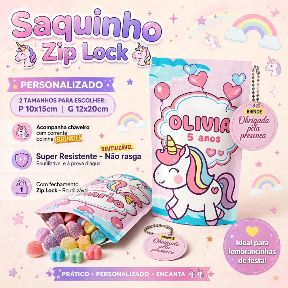 Saquinho Metalizado Personalizado Unicórnio Aquarela