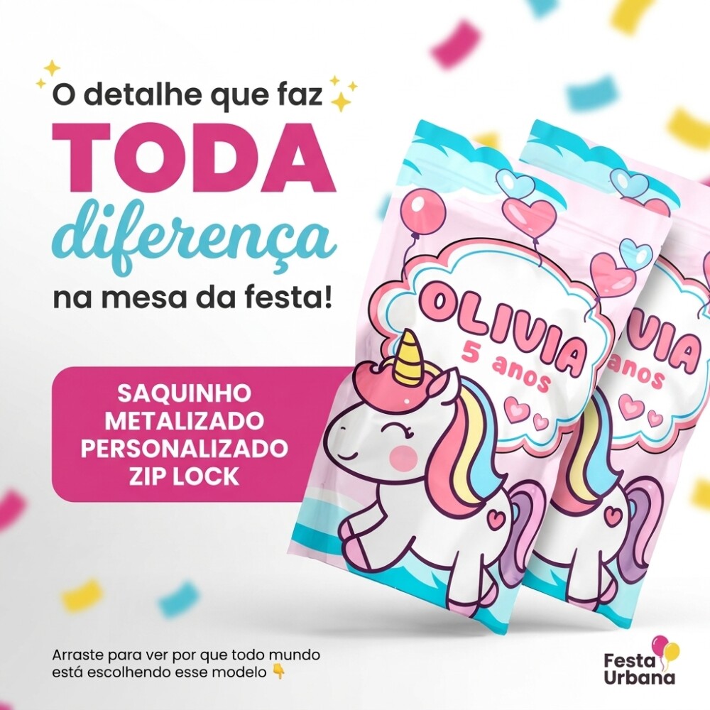 Saquinho Metalizado Personalizado Unicórnio Aquarela
