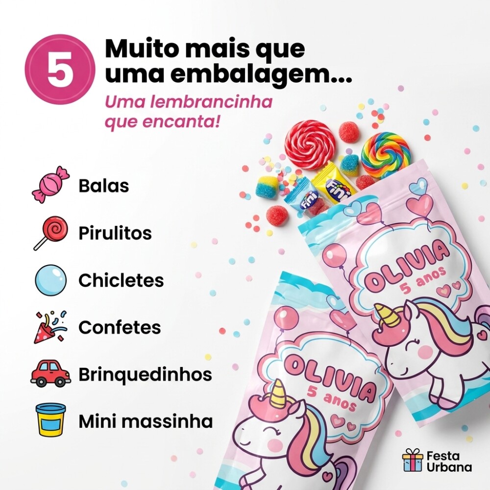 Saquinho Metalizado Personalizado Unicórnio Aquarela