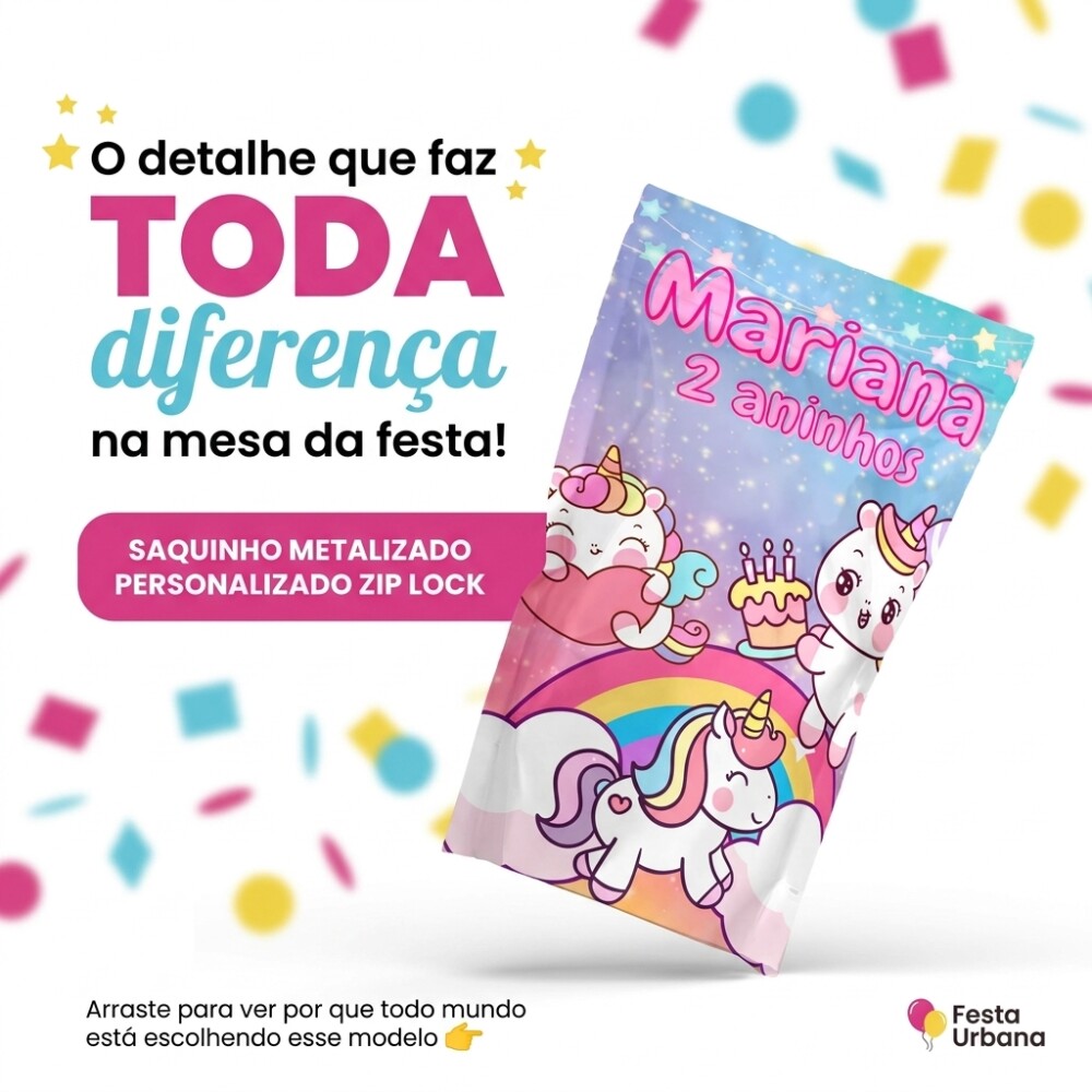Saquinho Metalizado Personalizado Unicórnio Cartoon