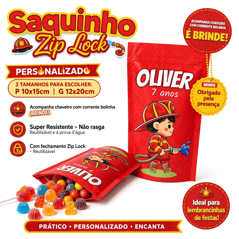Saquinho Metalizado Personalizado Bombeiro| Lembrancinha