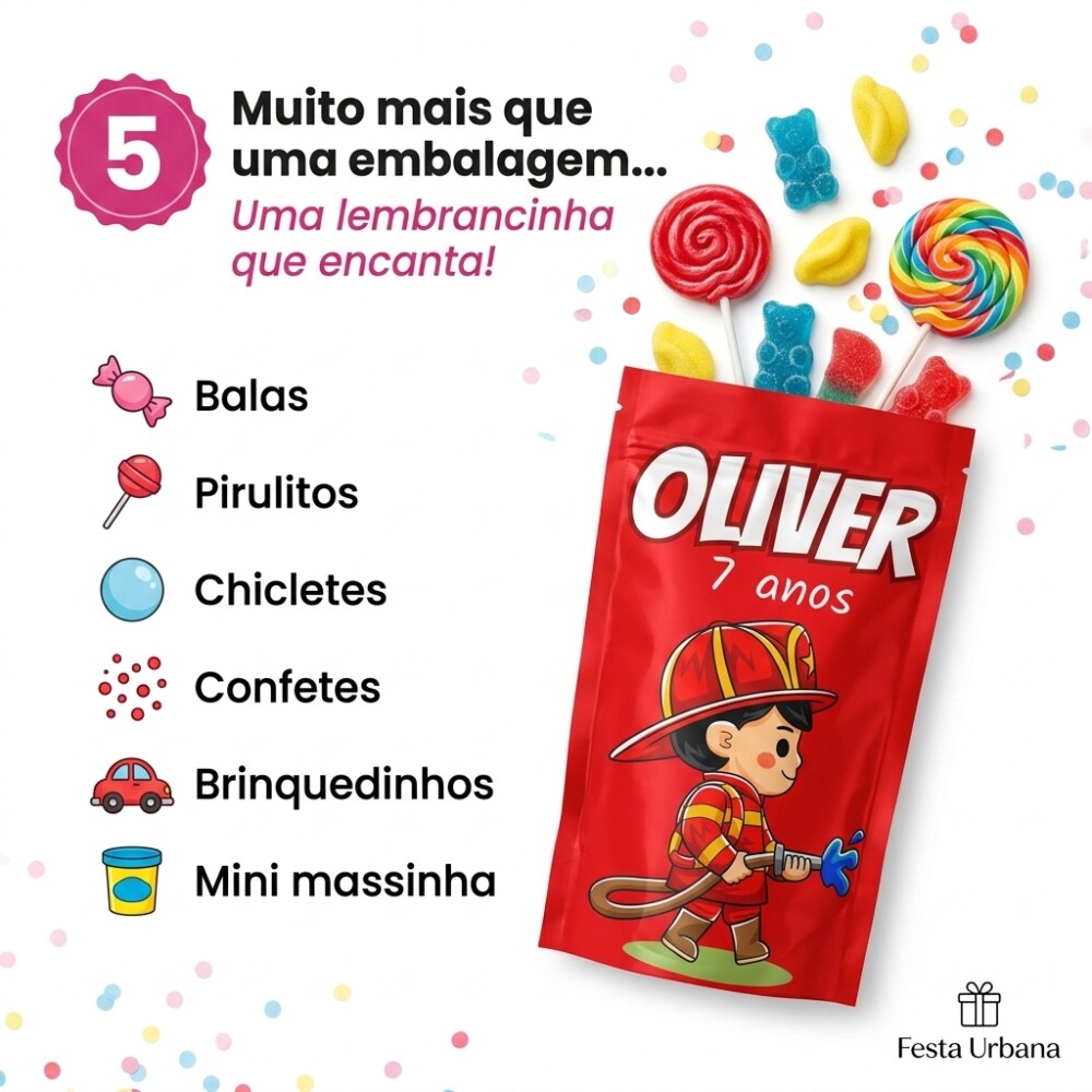 Saquinho Metalizado Personalizado Bombeiro| Lembrancinha