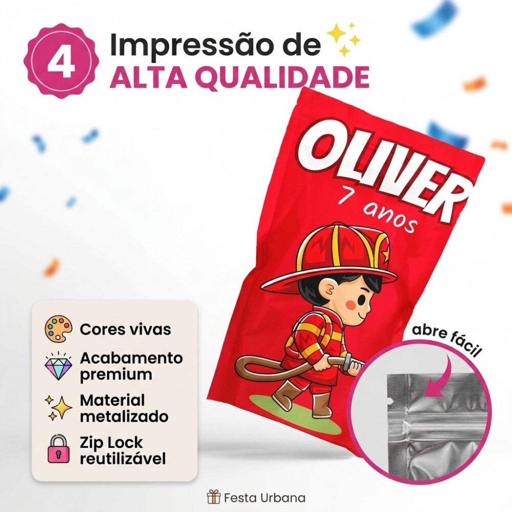 Saquinho Metalizado Personalizado Bombeiro| Lembrancinha