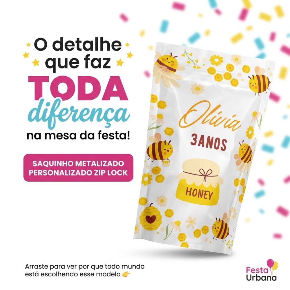 Saquinho Metalizado Personalizado abelhinha| Lembrancinha Festa