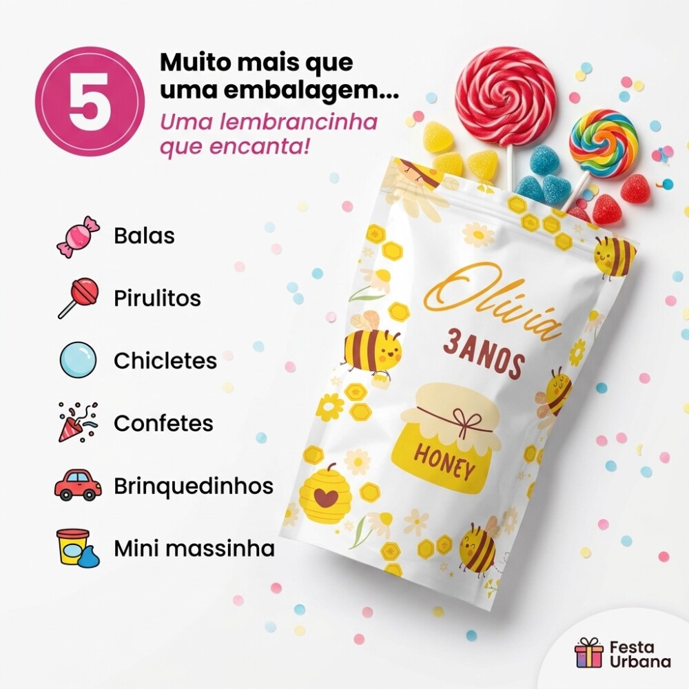 Saquinho Metalizado Personalizado abelhinha| Lembrancinha Festa