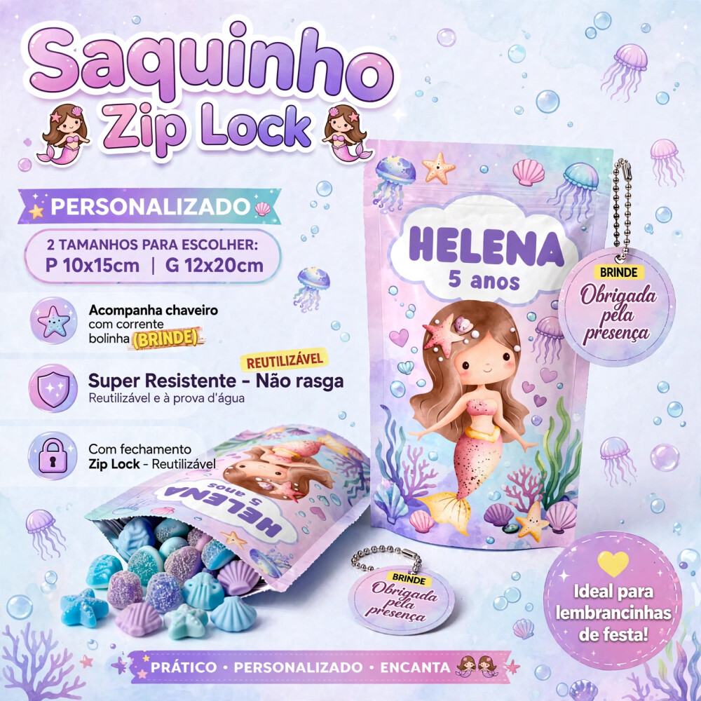 Saquinho Metalizado Personalizado Sereia| Lembrancinha Festa