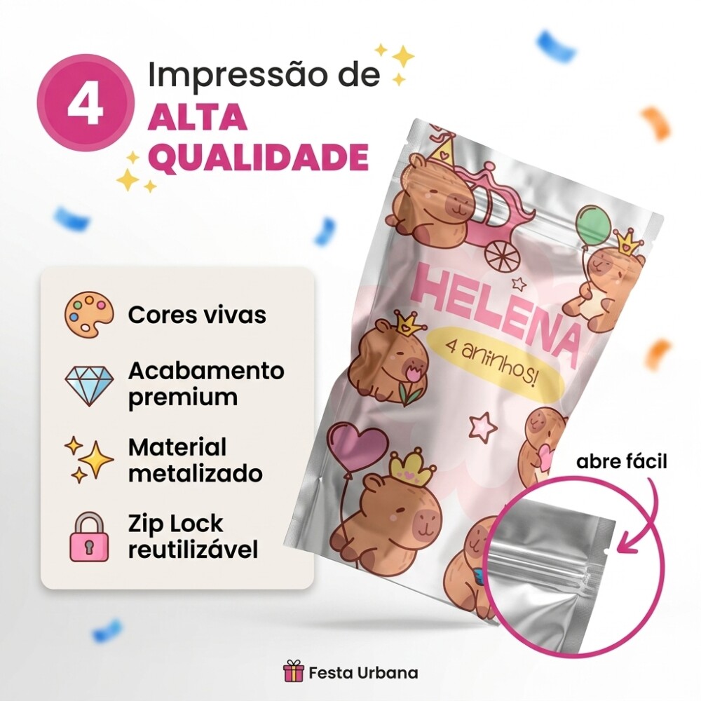Saquinho Metalizado Personalizado Capivara Cute| Lembrancinha