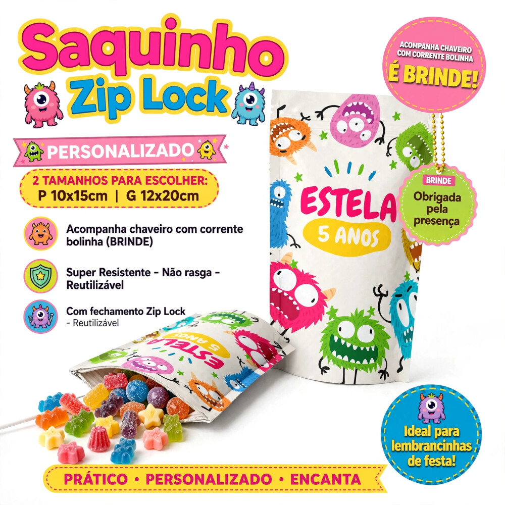 Saquinho Metalizado Personalizado Monstrinhos| Lembrancinha Festa