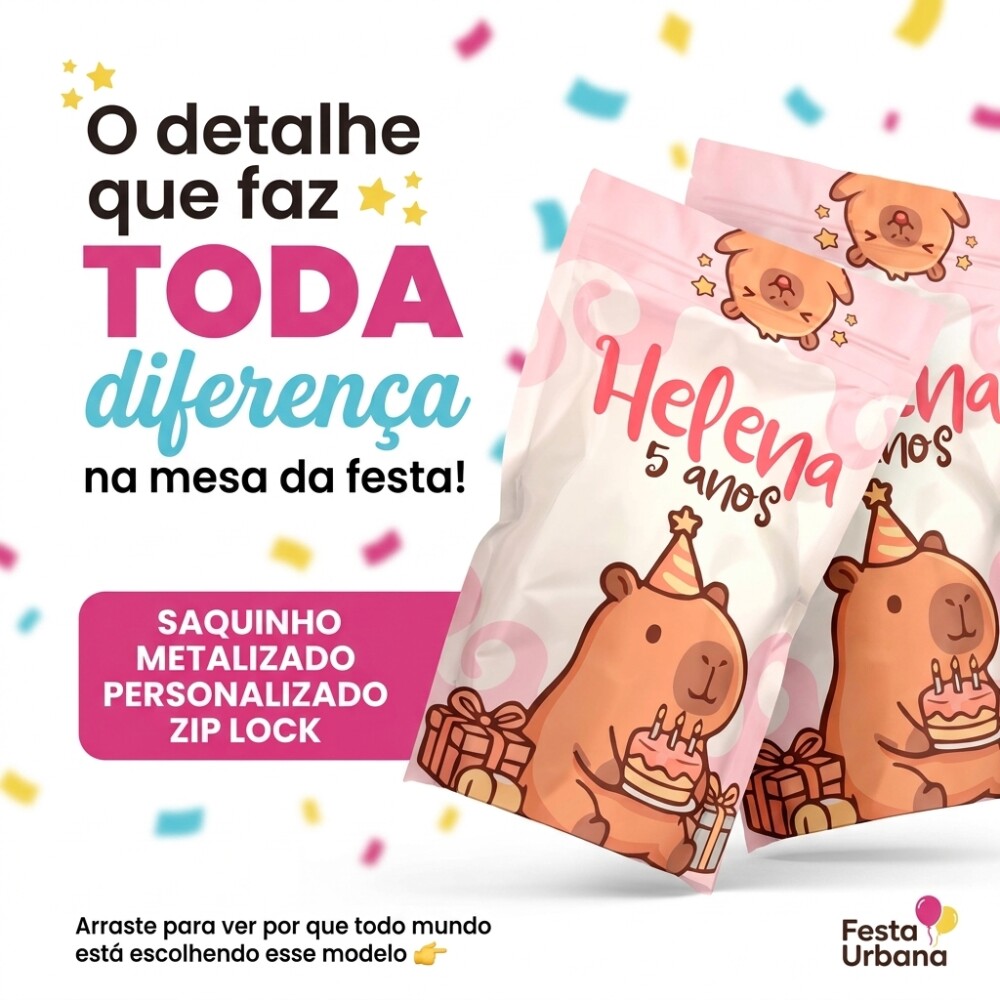Saquinho Metalizado Personalizado Capivara | Lembrancinha Festa I