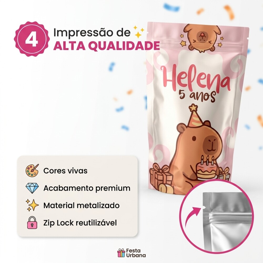 Saquinho Metalizado Personalizado Capivara | Lembrancinha Festa I