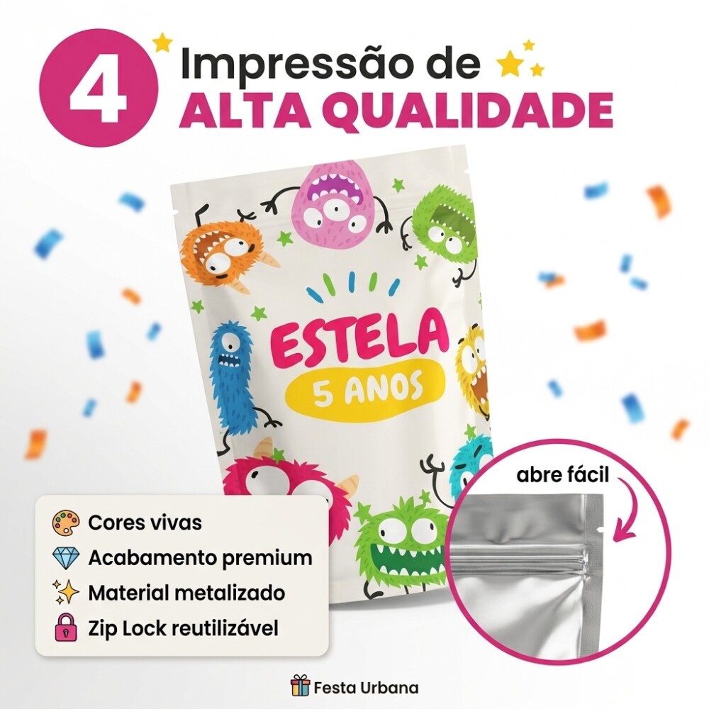 Saquinho Metalizado Personalizado Monstrinhos| Lembrancinha Festa