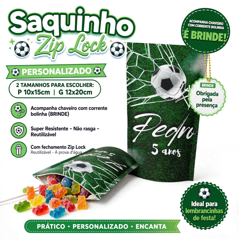 Saquinho Metalizado Personalizado Futebol| Lembrancinha Festa