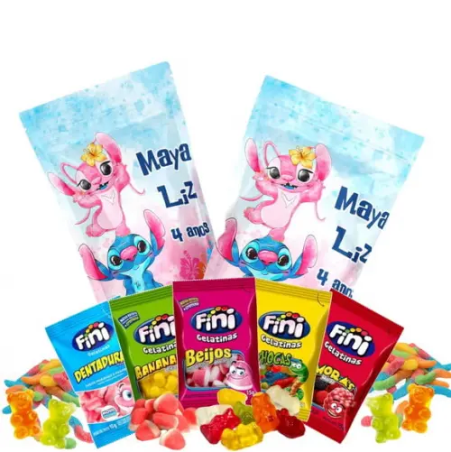 Fini Stitch e Angel no Saquinho Metalizado Zip Lock