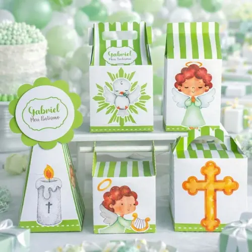 Kit 40 Caixinhas Batizado Menino Verde e Branco