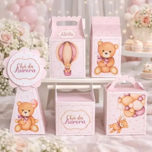 Kit 40 Caixinhas Chá de Bebê Ursinha Rosa Personalizadas