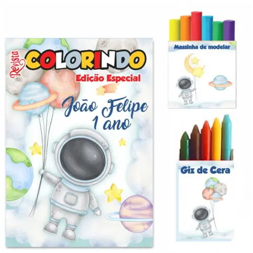 Kit Colorir Astronauta Revista 14x10 + Massinha + Giz