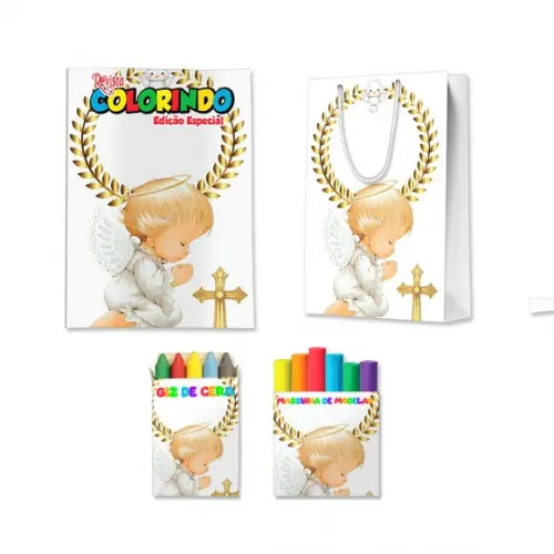 Kit Colorir com Massinha e Sacola Batizado Branco Anjo