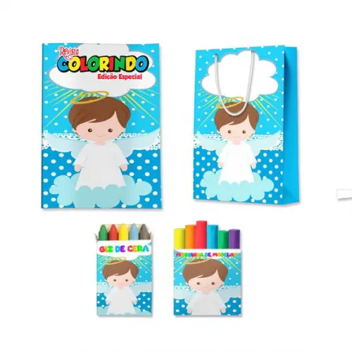 Kit Colorir com Massinha e Sacola Batizado Azul Menino Anjo
