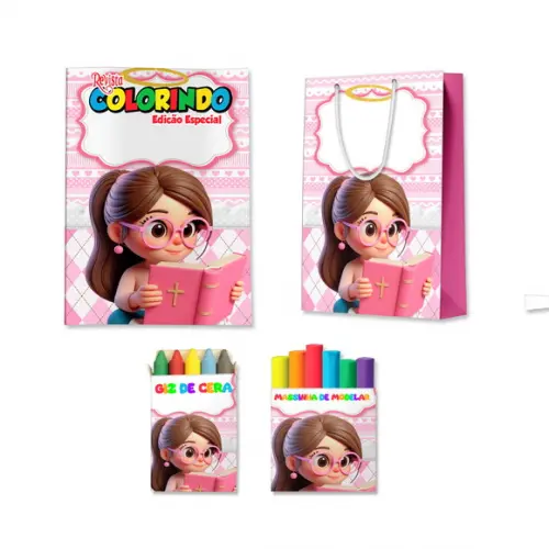 Kit Colorir com Massinha e Sacola Batizado Rosa Menina Anjo